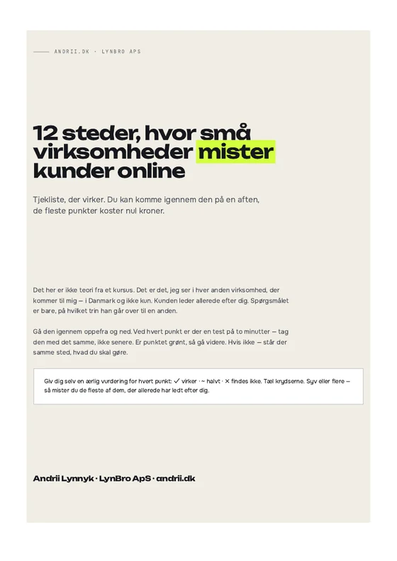 Forside til tjeklisten
